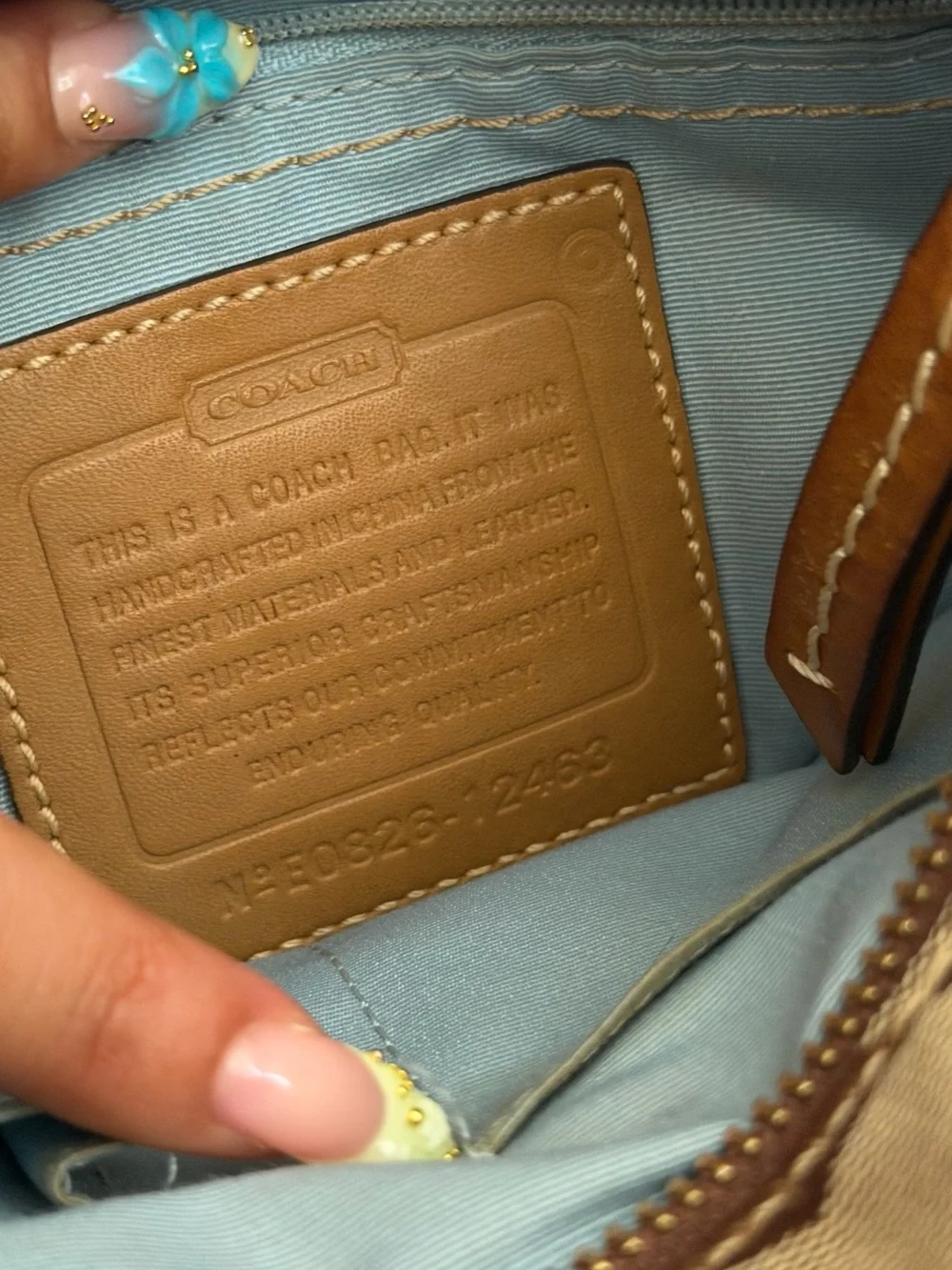 Coach Tan Leather Patch with Light Blue Lining
